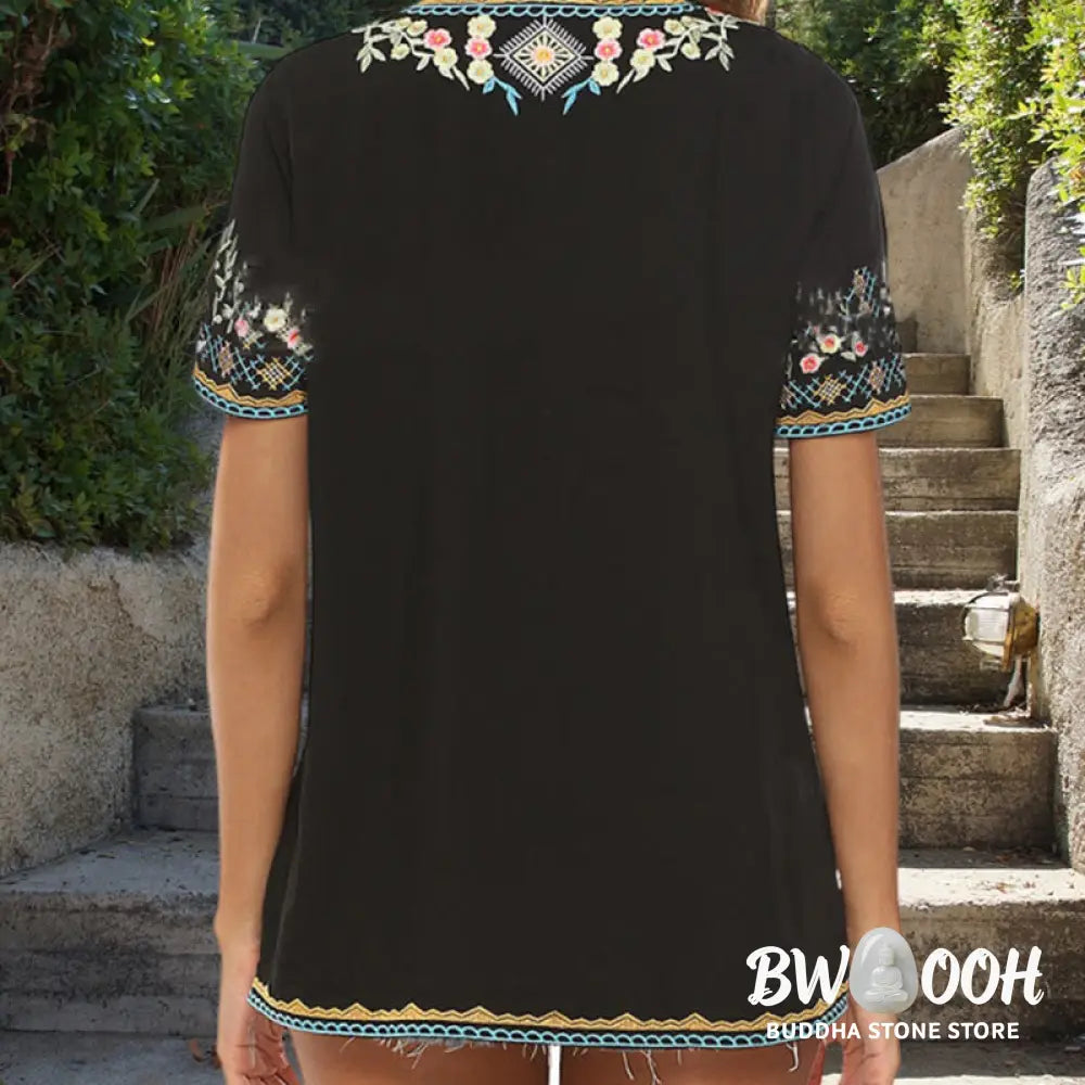 Buddha Stones Embroidery Flower Design Short Sleeve V-neck Cotton Women’s T-Shirt - Women’s T-Shirt
