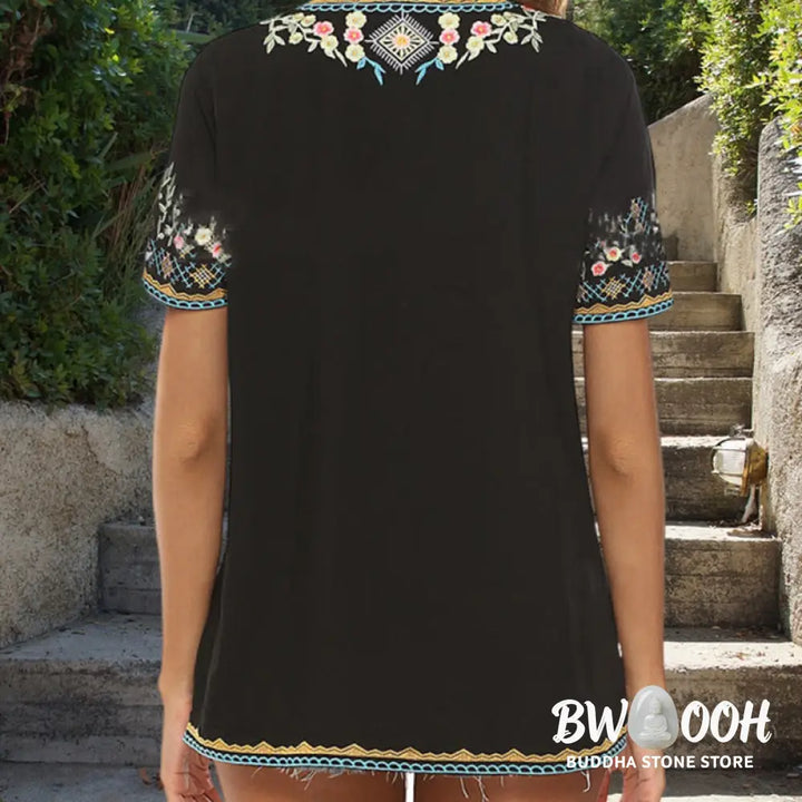 Buddha Stones Embroidery Flower Design Short Sleeve V-neck Cotton Women’s T-Shirt - Women’s T-Shirt