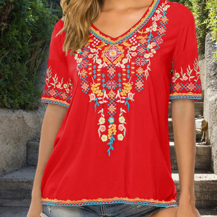 Buddha Stones Embroidery Flower Design Short Sleeve V-neck Cotton Women’s T-Shirt - Red / US4，UK/AU8，EU36 (L) - Women’s