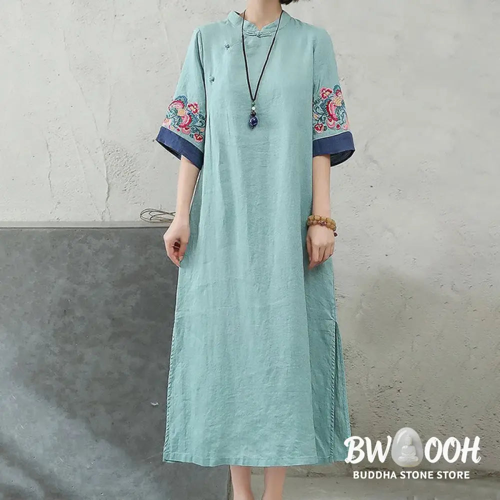 Buddha Stones Embroidery Frog-Button Half Sleeve Cotton Linen Women’s Midi Dress - Midi Dress