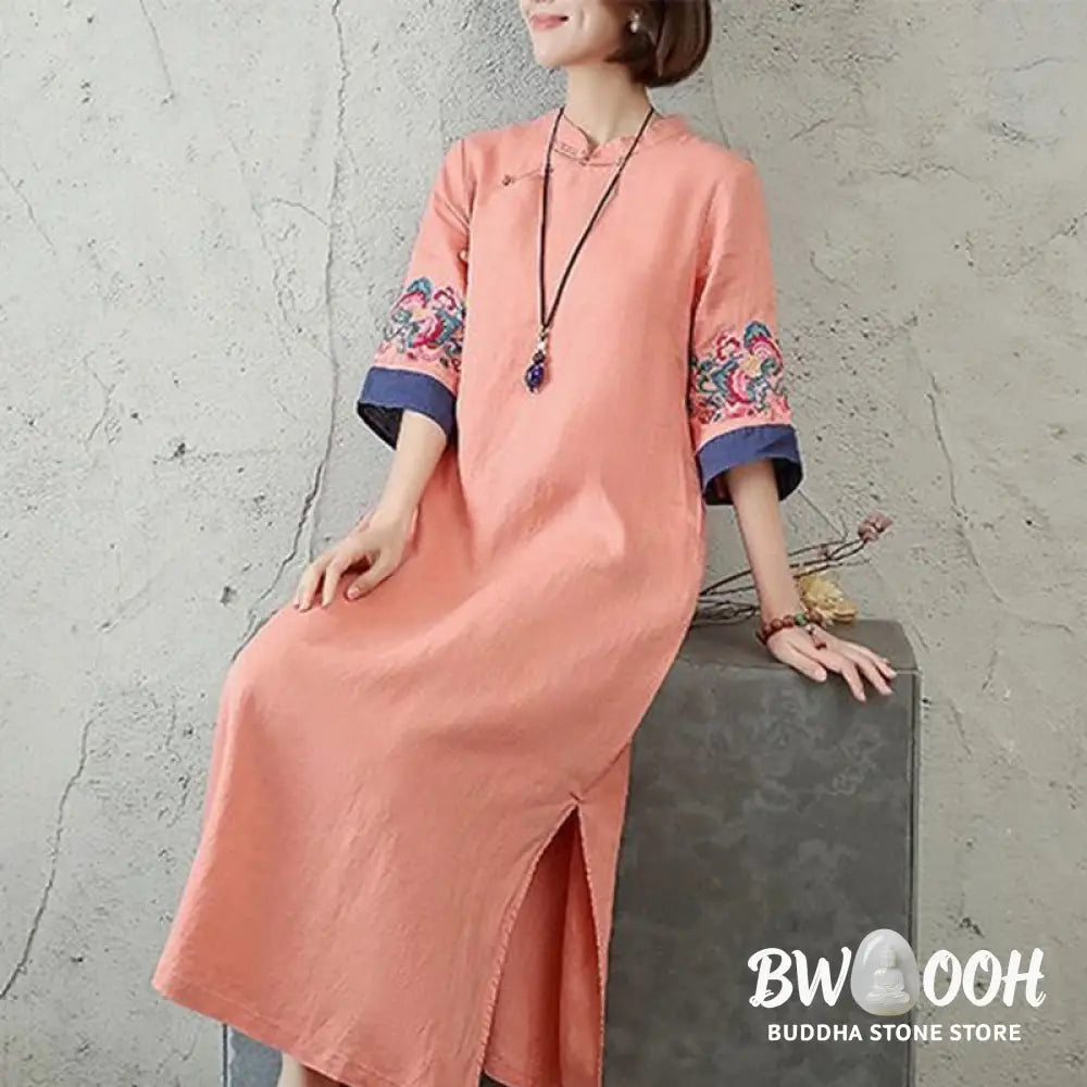 Buddha Stones Embroidery Frog-Button Half Sleeve Cotton Linen Women’s Midi Dress - Midi Dress