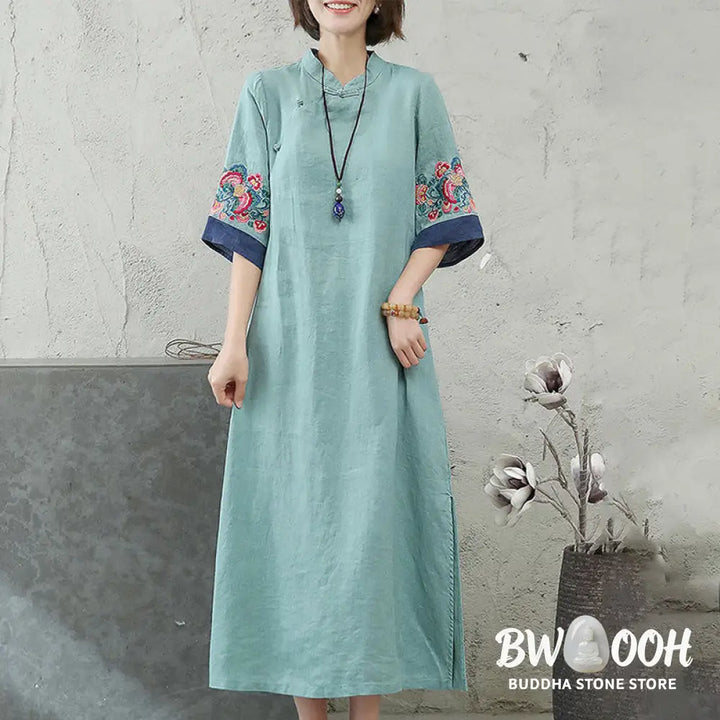 Buddha Stones Embroidery Frog-Button Half Sleeve Cotton Linen Women’s Midi Dress - Midi Dress