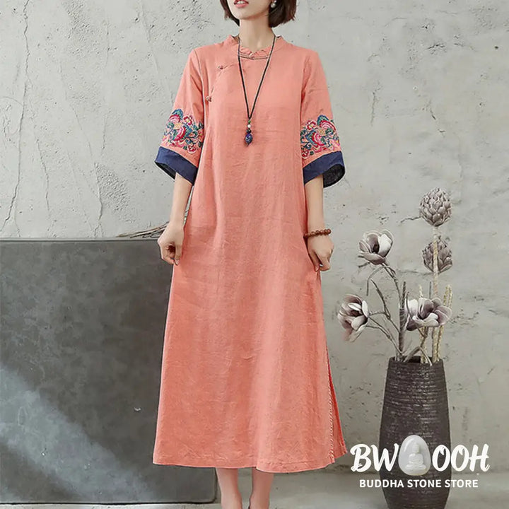 Buddha Stones Embroidery Frog-Button Half Sleeve Cotton Linen Women’s Midi Dress - Midi Dress