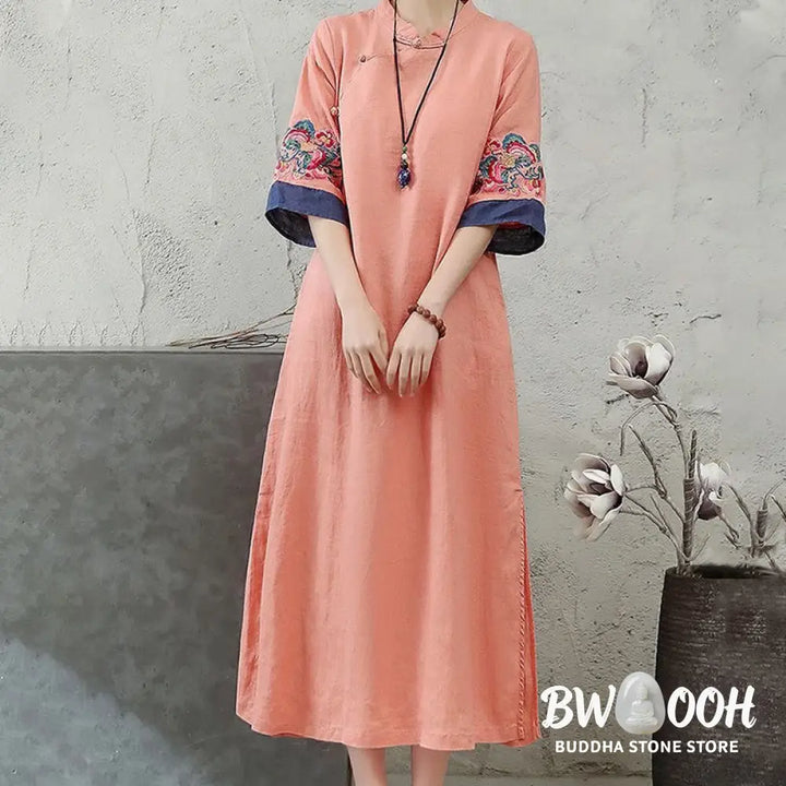 Buddha Stones Embroidery Frog-Button Half Sleeve Cotton Linen Women’s Midi Dress - Midi Dress