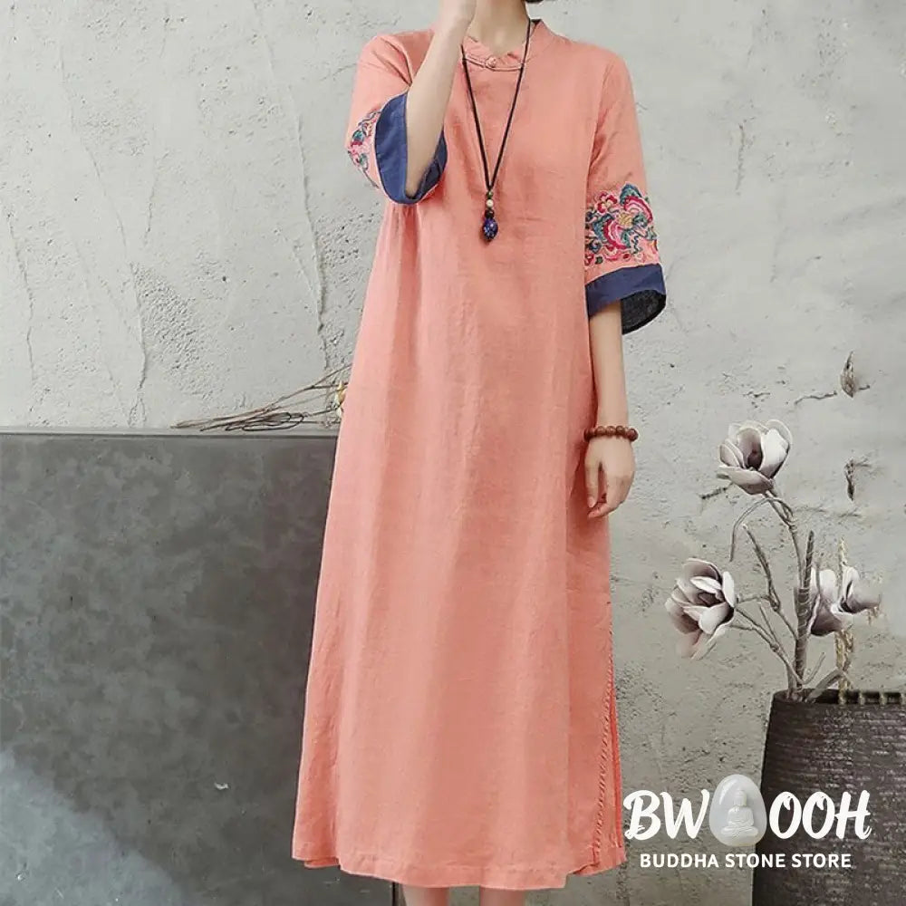 Buddha Stones Embroidery Frog-Button Half Sleeve Cotton Linen Women’s Midi Dress - Midi Dress