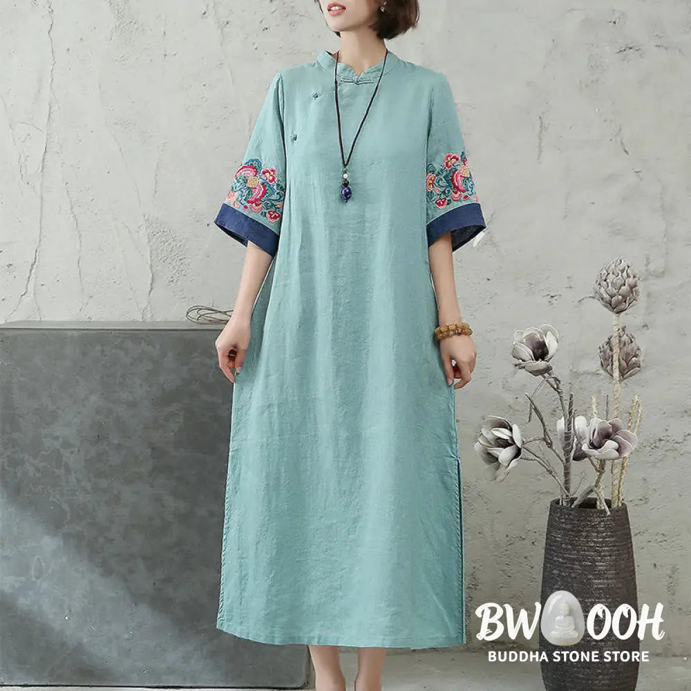 Buddha Stones Embroidery Frog-Button Half Sleeve Cotton Linen Women’s Midi Dress - Midi Dress