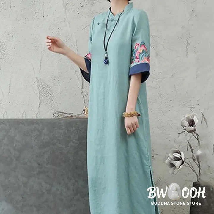Buddha Stones Embroidery Frog-Button Half Sleeve Cotton Linen Women’s Midi Dress - Midi Dress
