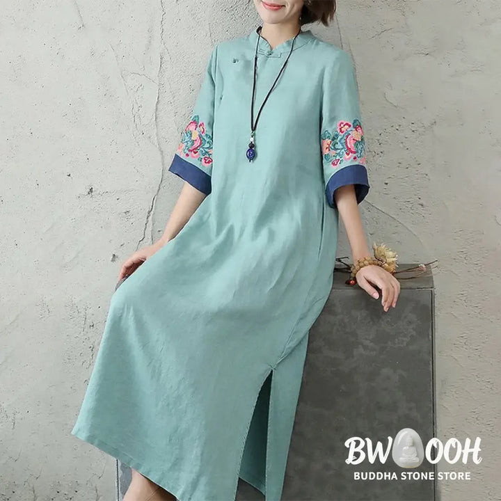 Buddha Stones Embroidery Frog-Button Half Sleeve Cotton Linen Women’s Midi Dress - Midi Dress