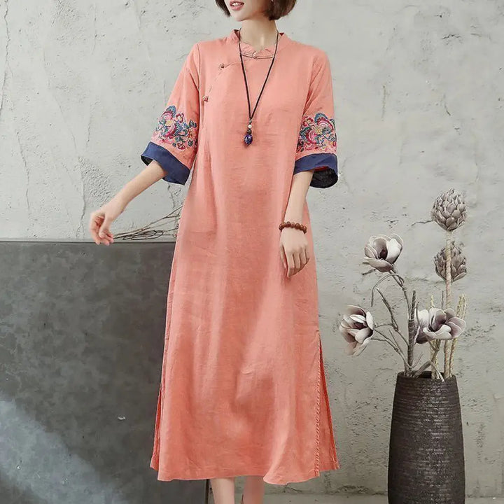 BWOOOH Embroidery Frog-Button Half Sleeve Cotton Linen Wo