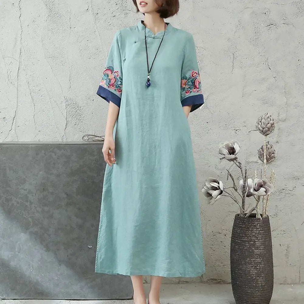 Buddha Stones Embroidery Frog-Button Half Sleeve Cotton Linen Women’s Midi Dress - MediumTurquoise / US4，UK/AU8，EU36