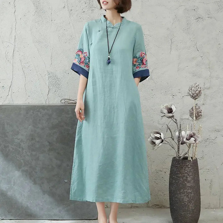 Buddha Stones Embroidery Frog-Button Half Sleeve Cotton Linen Women’s Midi Dress - MediumTurquoise / US4，UK/AU8，EU36