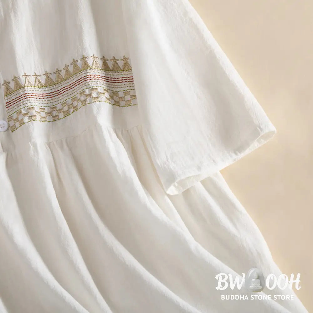 Buddha Stones Embroidery Geometry Half Sleeve Women&