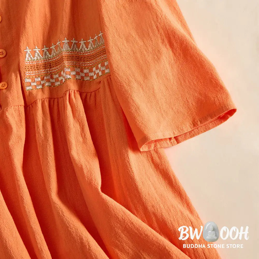 Buddha Stones Embroidery Geometry Half Sleeve Women&