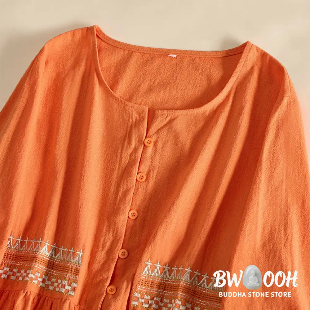 Buddha Stones Embroidery Geometry Half Sleeve Women&