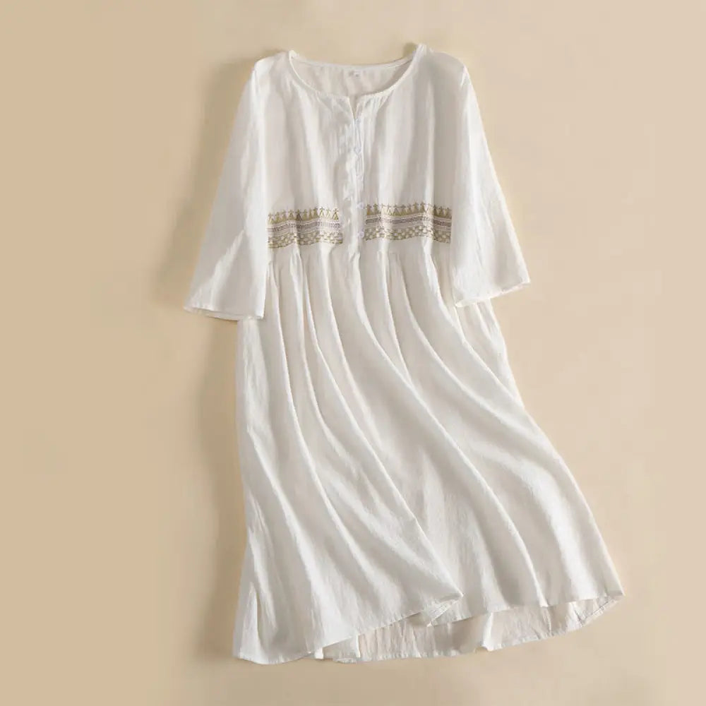 Buddha Stones Embroidery Geometry Half Sleeve Women's Midi Dress With Pockets - White / US4，UK/AU8，EU36 (L) - Midi Dress