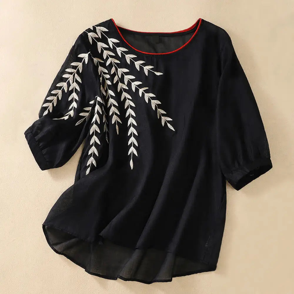 Buddha Stones Embroidery Leaves Women’s Cotton Linen Half Sleeve T-shirt - Black / US4，UK/AU8，EU36 (L) - Women’s