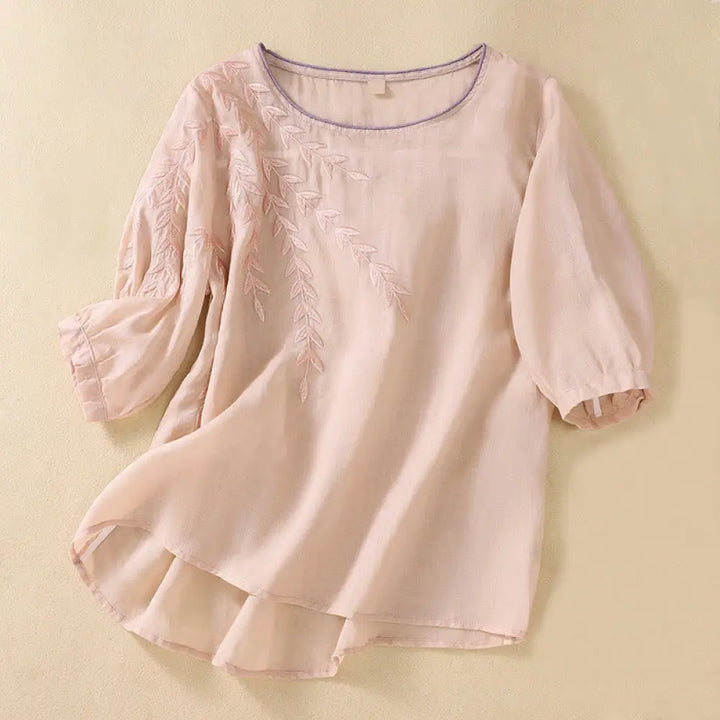 Buddha Stones Embroidery Leaves Women’s Cotton Linen Half Sleeve T-shirt - MistyRose / US4，UK/AU8，EU36 (L) - Women’s