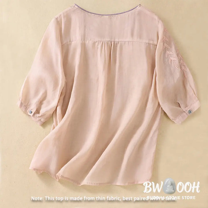 Buddha Stones Embroidery Leaves Women’s Cotton Linen Half Sleeve T-shirt - Women’s T-Shirts