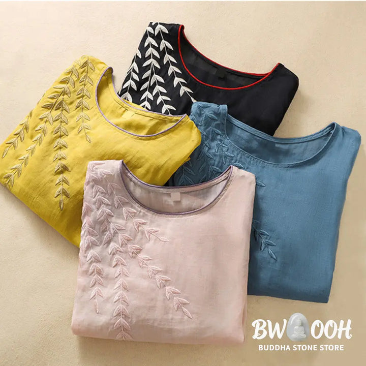 Buddha Stones Embroidery Leaves Women’s Cotton Linen Half Sleeve T-shirt - Women’s T-Shirts
