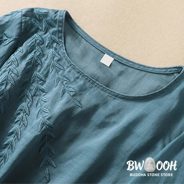Buddha Stones Embroidery Leaves Women’s Cotton Linen Half Sleeve T-shirt - Women’s T-Shirts