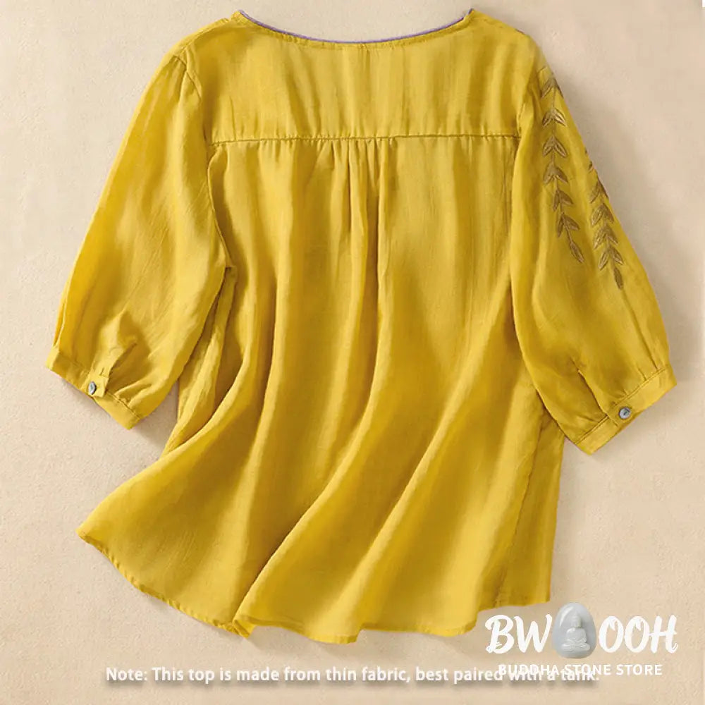 Buddha Stones Embroidery Leaves Women’s Cotton Linen Half Sleeve T-shirt - Women’s T-Shirts