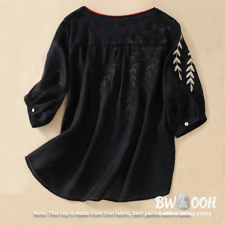 Buddha Stones Embroidery Leaves Women’s Cotton Linen Half Sleeve T-shirt - Women’s T-Shirts