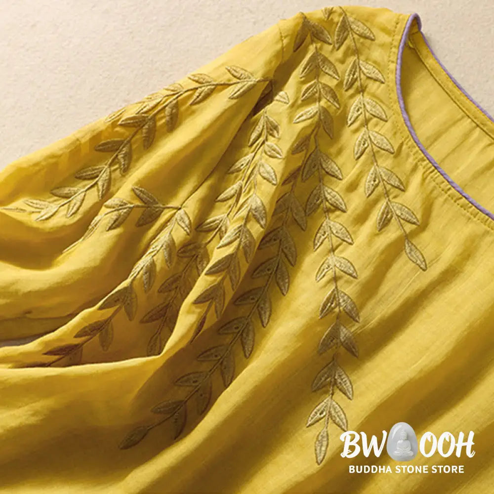 Buddha Stones Embroidery Leaves Women’s Cotton Linen Half Sleeve T-shirt - Women’s T-Shirts