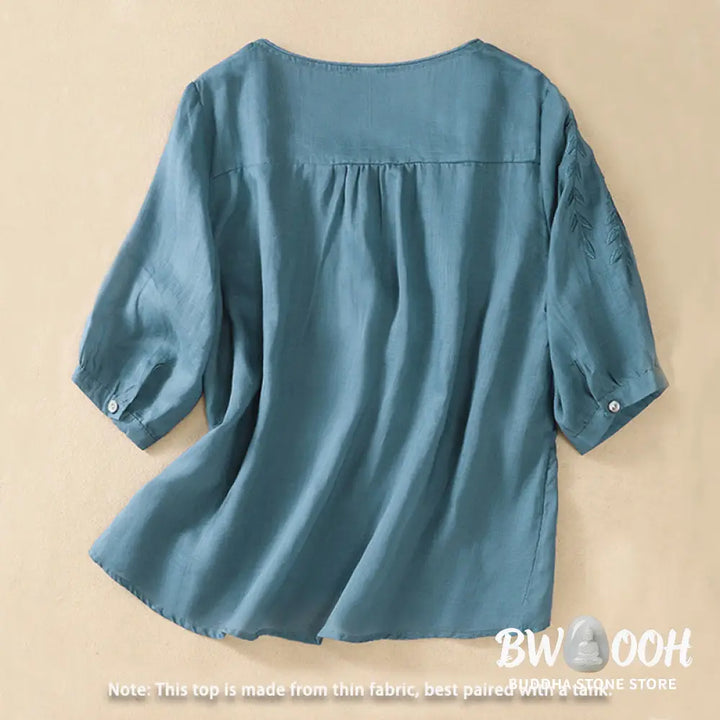Buddha Stones Embroidery Leaves Women’s Cotton Linen Half Sleeve T-shirt - Women’s T-Shirts