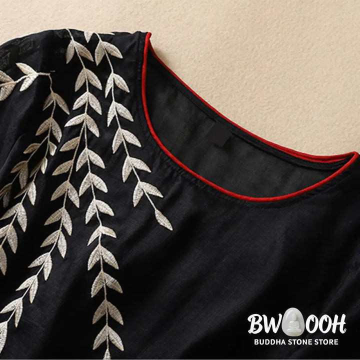 Buddha Stones Embroidery Leaves Women’s Cotton Linen Half Sleeve T-shirt - Women’s T-Shirts