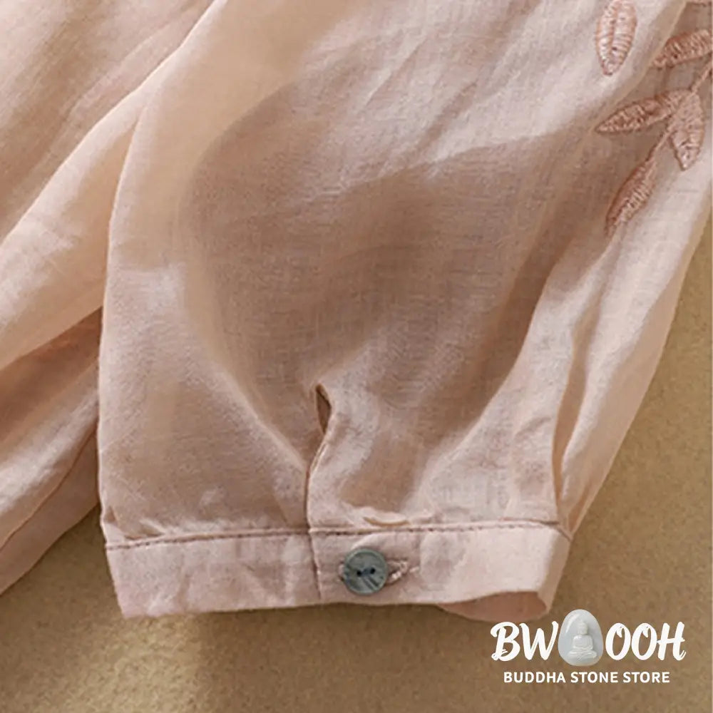 Buddha Stones Embroidery Leaves Women’s Cotton Linen Half Sleeve T-shirt - Women’s T-Shirts