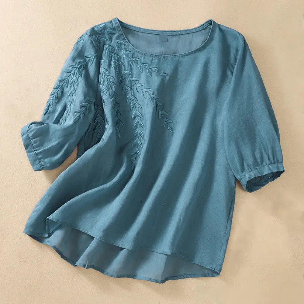 Buddha Stones Embroidery Leaves Women’s Cotton Linen Half Sleeve T-shirt - SteelBlue / US4，UK/AU8，EU36 (L) - Women’s
