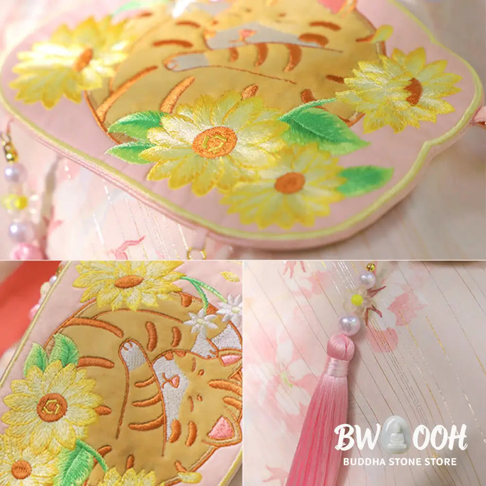 Buddha Stones Embroidery Lucky Panda Cat Shiba Inu Deer Rabbit Fox Flower Cute Animal Hanfu Bag Crossbody Bag Shoulder