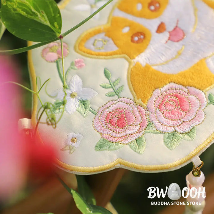 Buddha Stones Embroidery Lucky Panda Cat Shiba Inu Deer Rabbit Fox Flower Cute Animal Hanfu Bag Crossbody Bag Shoulder