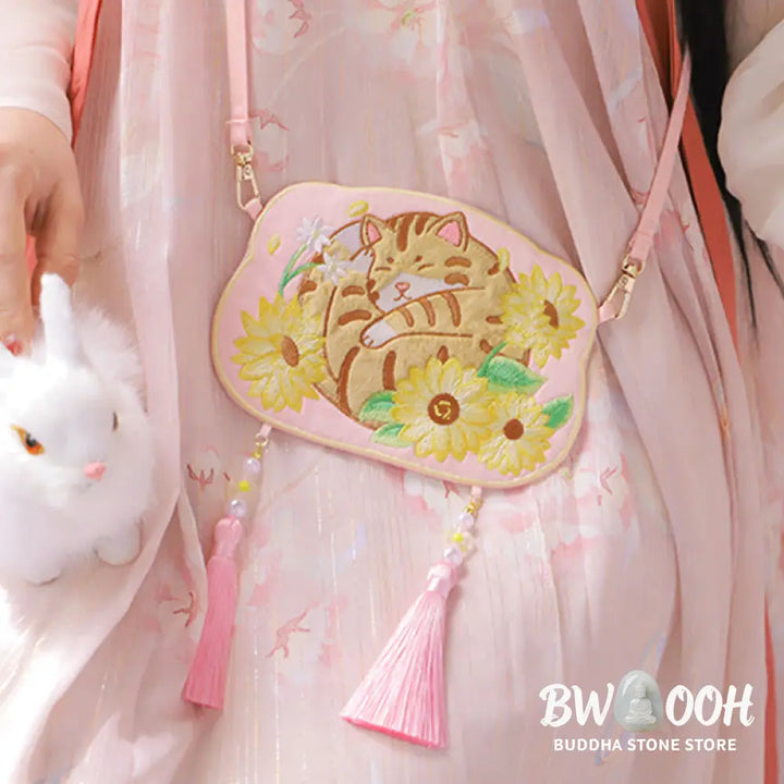 Buddha Stones Embroidery Lucky Panda Cat Shiba Inu Deer Rabbit Fox Flower Cute Animal Hanfu Bag Crossbody Bag Shoulder