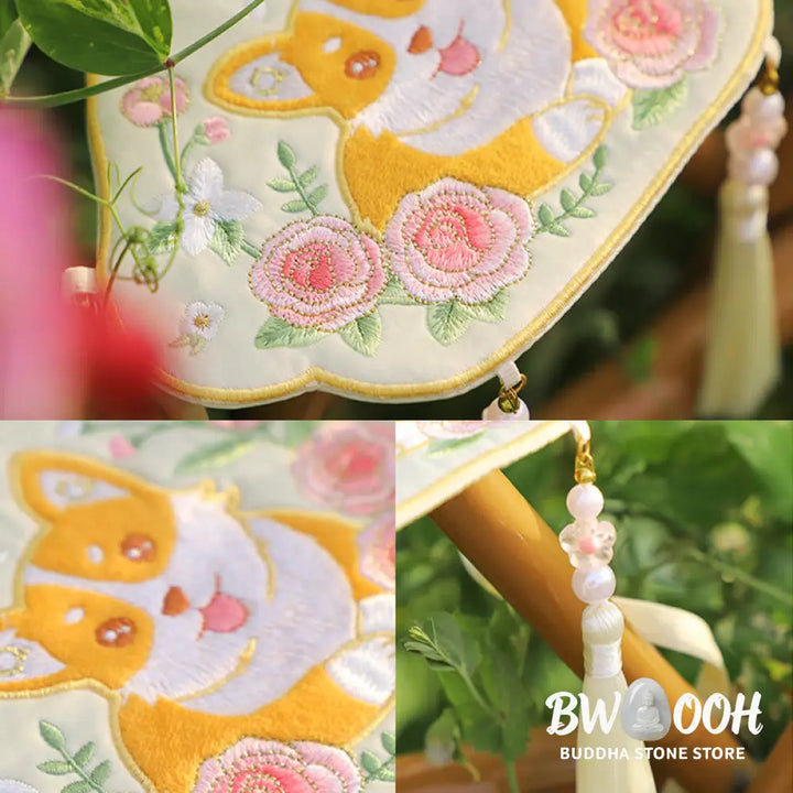 Buddha Stones Embroidery Lucky Panda Cat Shiba Inu Deer Rabbit Fox Flower Cute Animal Hanfu Bag Crossbody Bag Shoulder