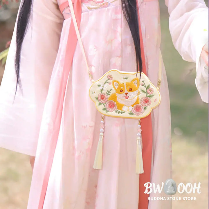 Buddha Stones Embroidery Lucky Panda Cat Shiba Inu Deer Rabbit Fox Flower Cute Animal Hanfu Bag Crossbody Bag Shoulder