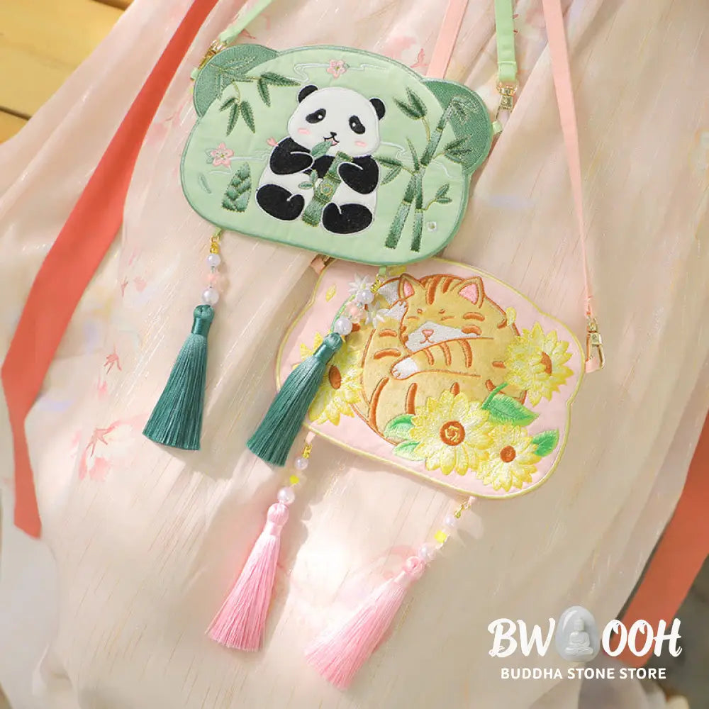 Buddha Stones Embroidery Lucky Panda Cat Shiba Inu Deer Rabbit Fox Flower Cute Animal Hanfu Bag Crossbody Bag Shoulder