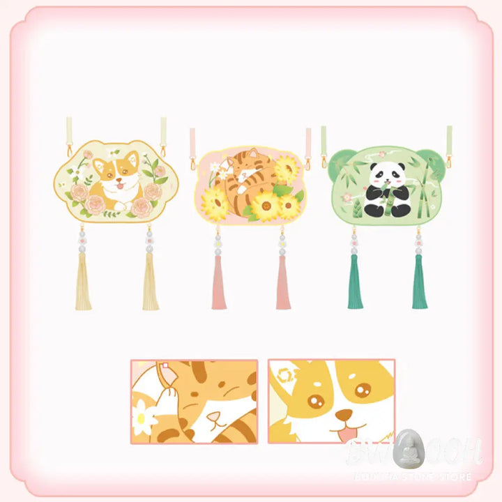 Buddha Stones Embroidery Lucky Panda Cat Shiba Inu Deer Rabbit Fox Flower Cute Animal Hanfu Bag Crossbody Bag Shoulder