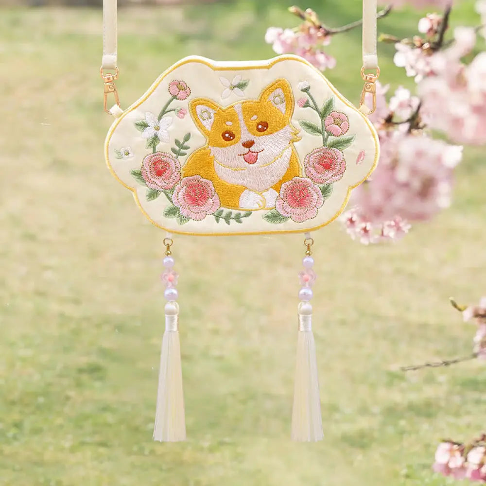 Buddha Stones Embroidery Lucky Panda Cat Shiba Inu Deer Rabbit Fox Flower Cute Animal Hanfu Bag Crossbody Bag Shoulder