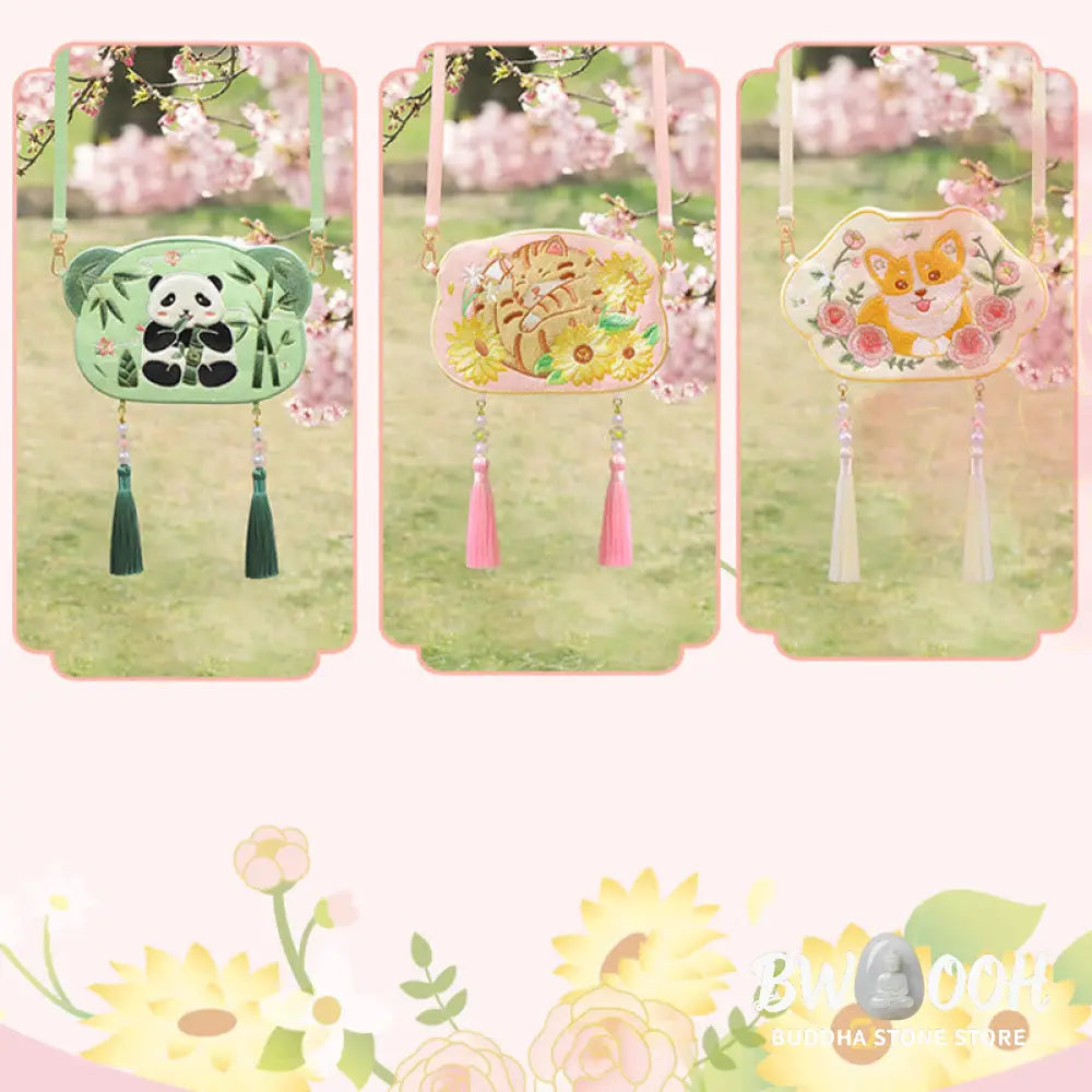 Buddha Stones Embroidery Lucky Panda Cat Shiba Inu Deer Rabbit Fox Flower Cute Animal Hanfu Bag Crossbody Bag Shoulder