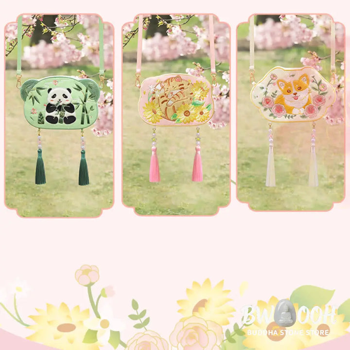 Buddha Stones Embroidery Lucky Panda Cat Shiba Inu Deer Rabbit Fox Flower Cute Animal Hanfu Bag Crossbody Bag Shoulder