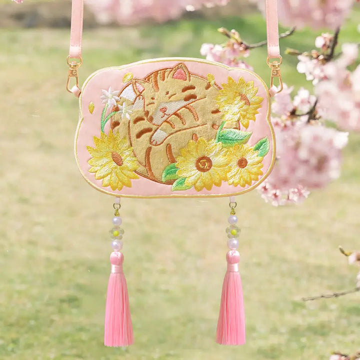 Buddha Stones Embroidery Lucky Panda Cat Shiba Inu Deer Rabbit Fox Flower Cute Animal Hanfu Bag Crossbody Bag Shoulder