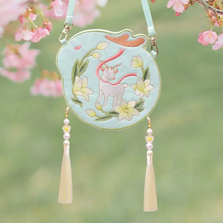 Buddha Stones Embroidery Lucky Panda Cat Shiba Inu Deer Rabbit Fox Flower Cute Animal Hanfu Bag Crossbody Bag Shoulder