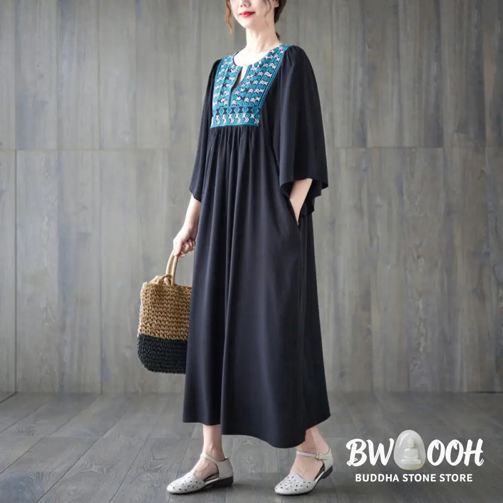 Buddha Stones Embroidery Notched Ruffled Hem Midi Dress With Pockets - Midi Dress