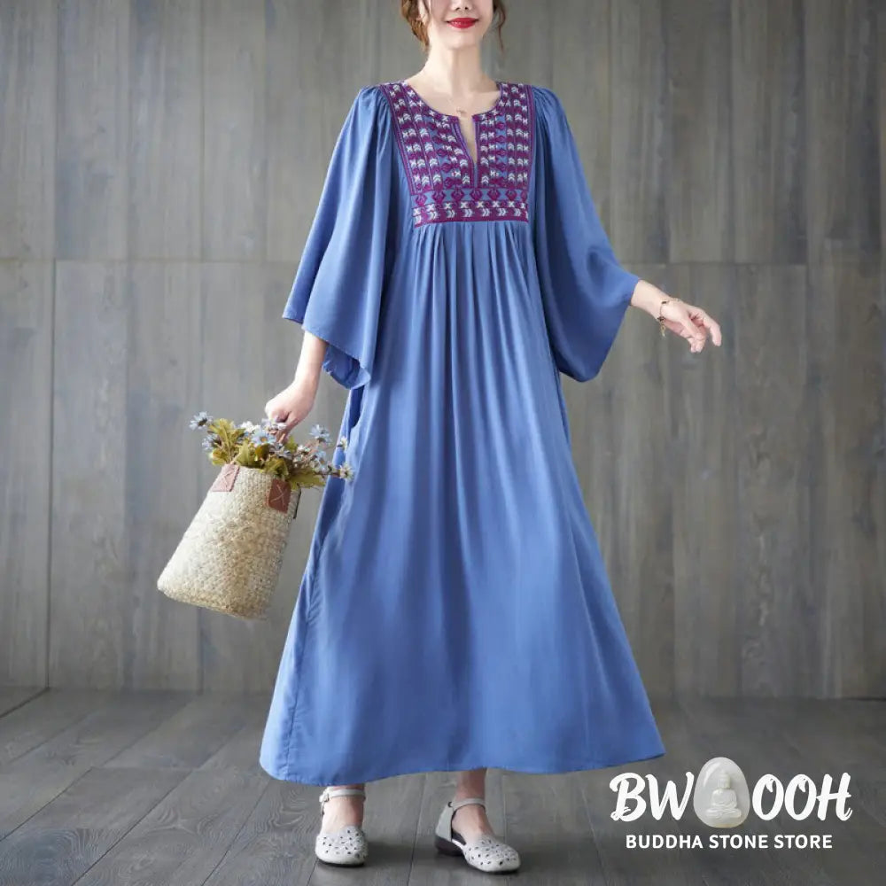 Buddha Stones Embroidery Notched Ruffled Hem Midi Dress With Pockets - Midi Dress
