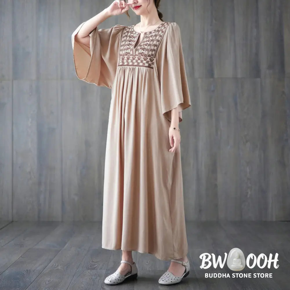 Buddha Stones Embroidery Notched Ruffled Hem Midi Dress With Pockets - Midi Dress