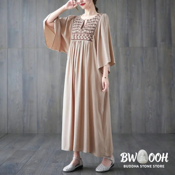 Buddha Stones Embroidery Notched Ruffled Hem Midi Dress With Pockets - Midi Dress