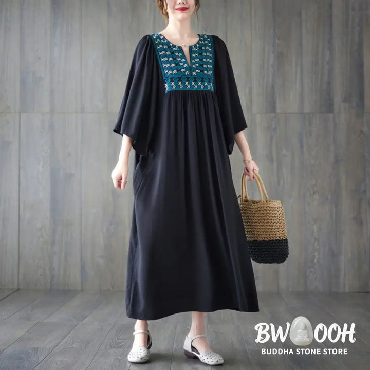 Buddha Stones Embroidery Notched Ruffled Hem Midi Dress With Pockets - Midi Dress
