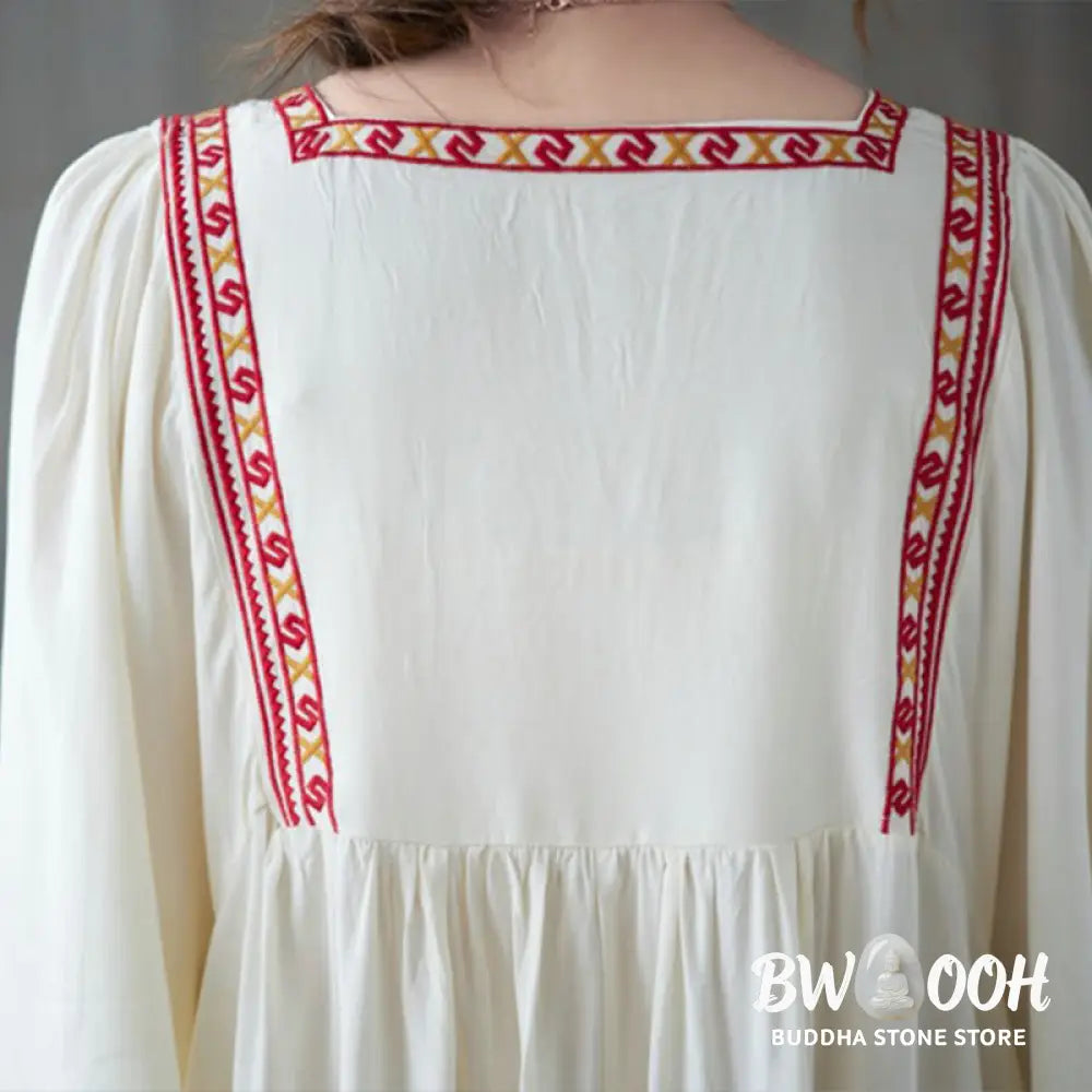 Buddha Stones Embroidery Notched Ruffled Hem Midi Dress With Pockets - Midi Dress