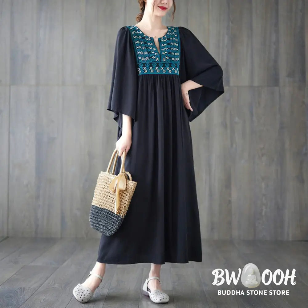 Buddha Stones Embroidery Notched Ruffled Hem Midi Dress With Pockets - Midi Dress